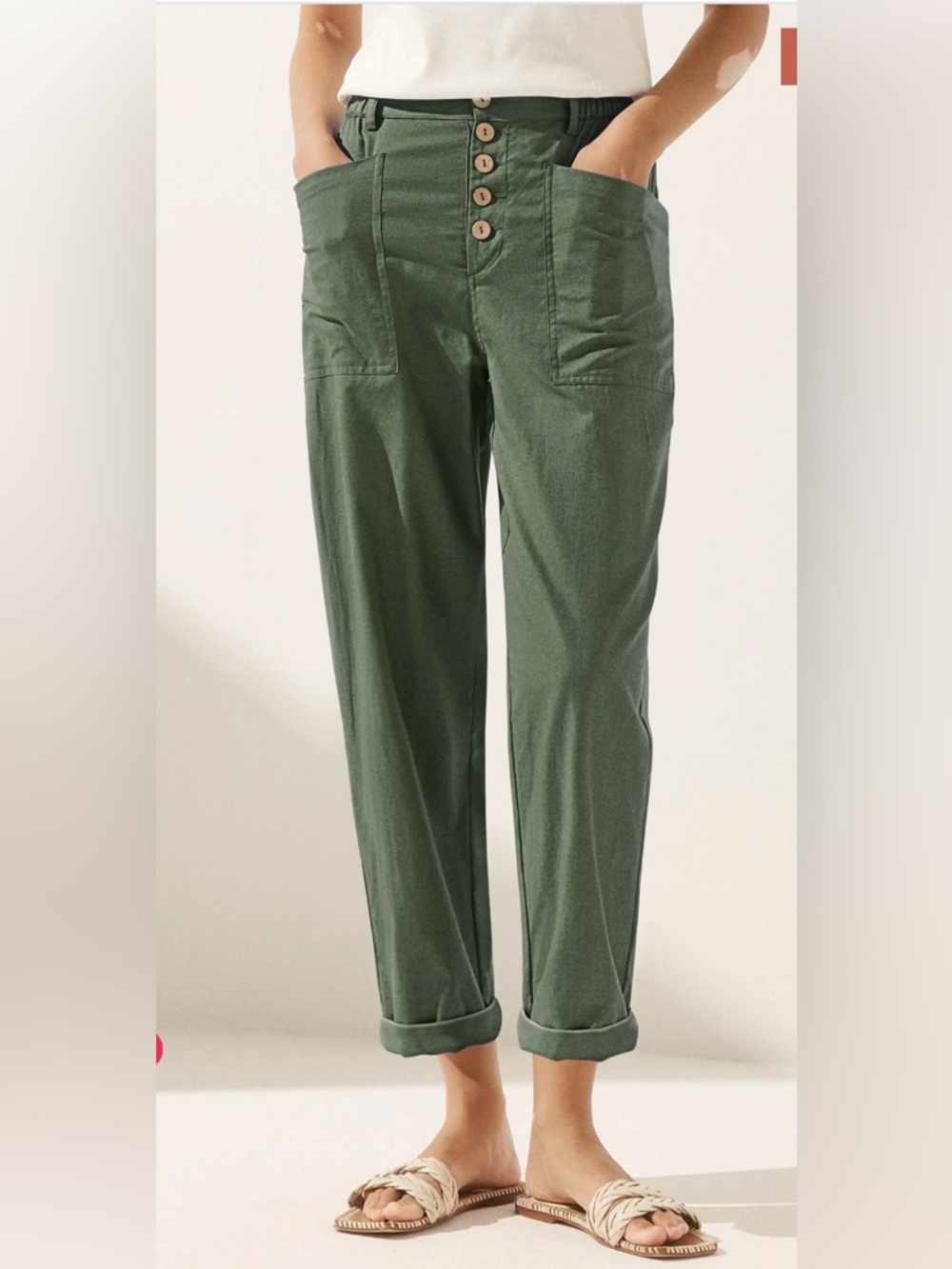 Lintico Heidi Linen Simple Button Fly Trousers in Forest Green
